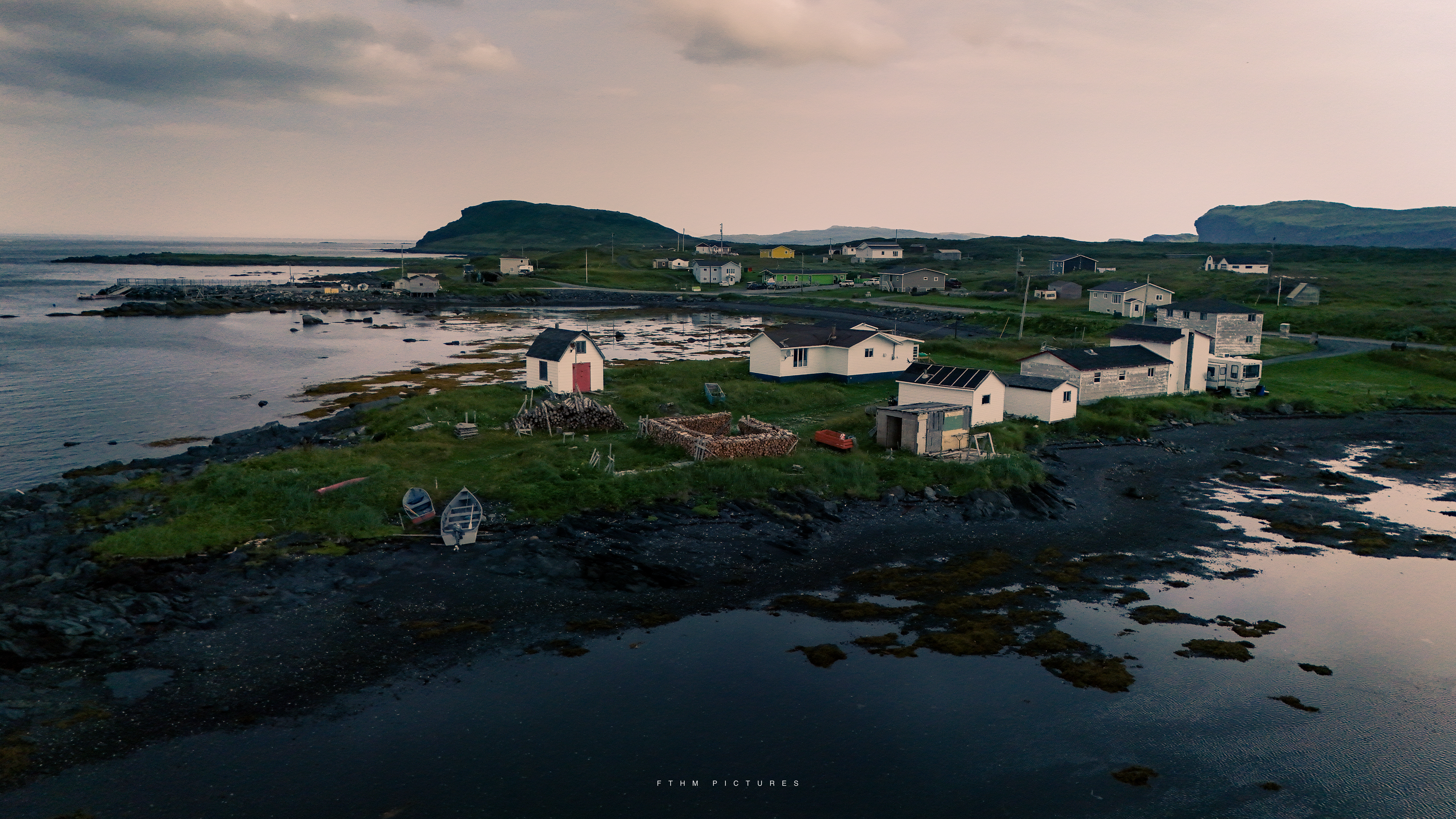 Aerial view of a coastal Newfoundland community